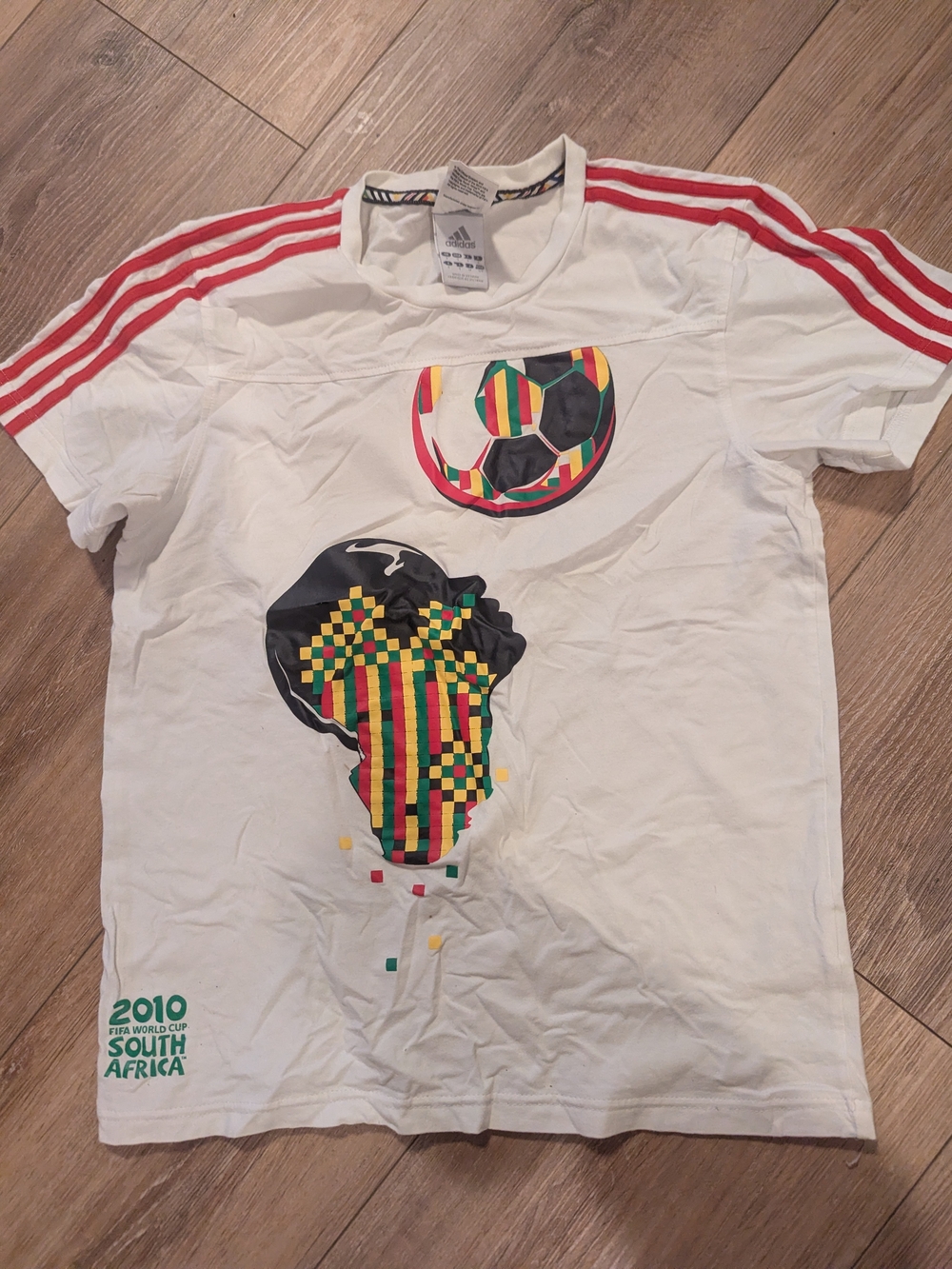 adidas White Short-Sleeve World Cup Graphic Tee with Red Stripes